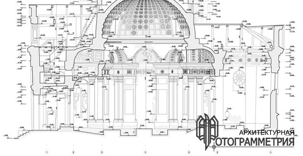 Обмерный чертеж разреза церкви по данным архитектурных обмеров