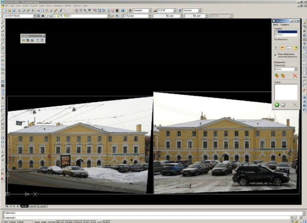Пара трансформированных снимков фасада открытая модулем StereoTracer в системе AutoCAD