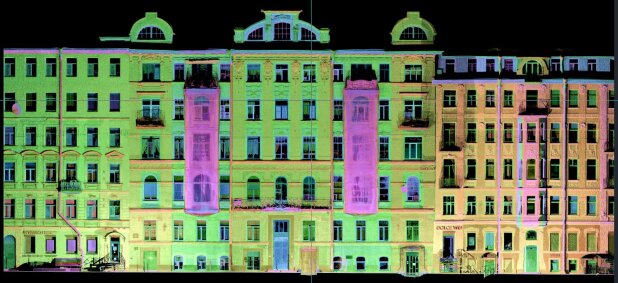 Псевдоокрашенный ортофотоплан фасада здания по данным лазерного сканирования