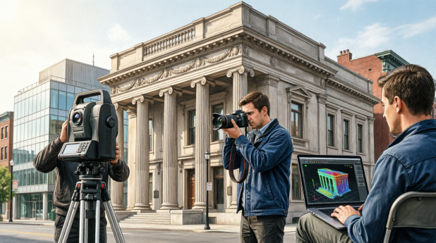Специалисты компании Архитектурная Фотограмметрия проводят комплексные обмеры памятника архитектуры с использованием лазерного сканера и фотограмметрической съемки для успешной сдачи в КГИОП. На ноутбуке отображается 3D-модель здания в формате точечного облака.